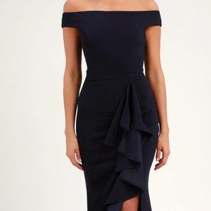 Lulus Mila Navy Blue Ruffled Off-the-Shoulder Maxi Dress NWT